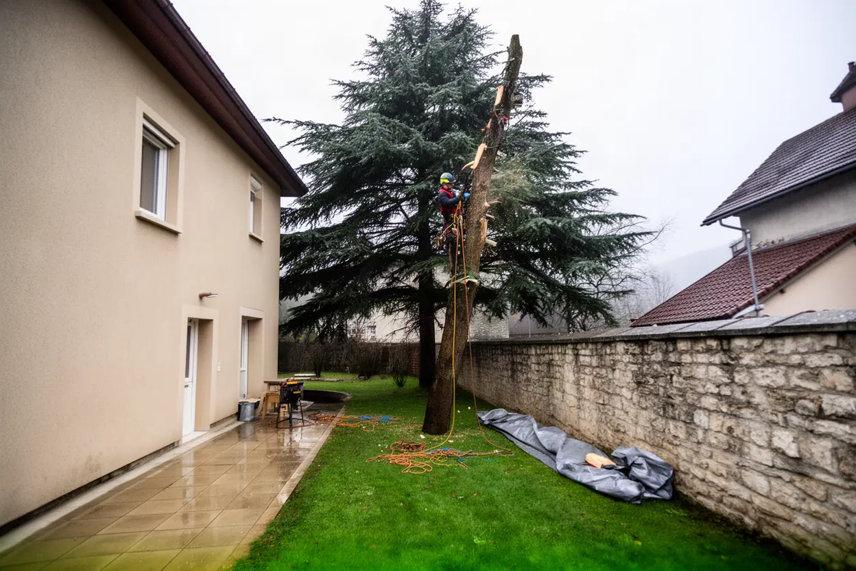 Abattage contrôlé d'un arbre près d'une maison à Beure