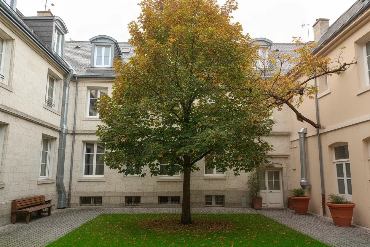 Érable dense avant élagage dans une cour de Besançon