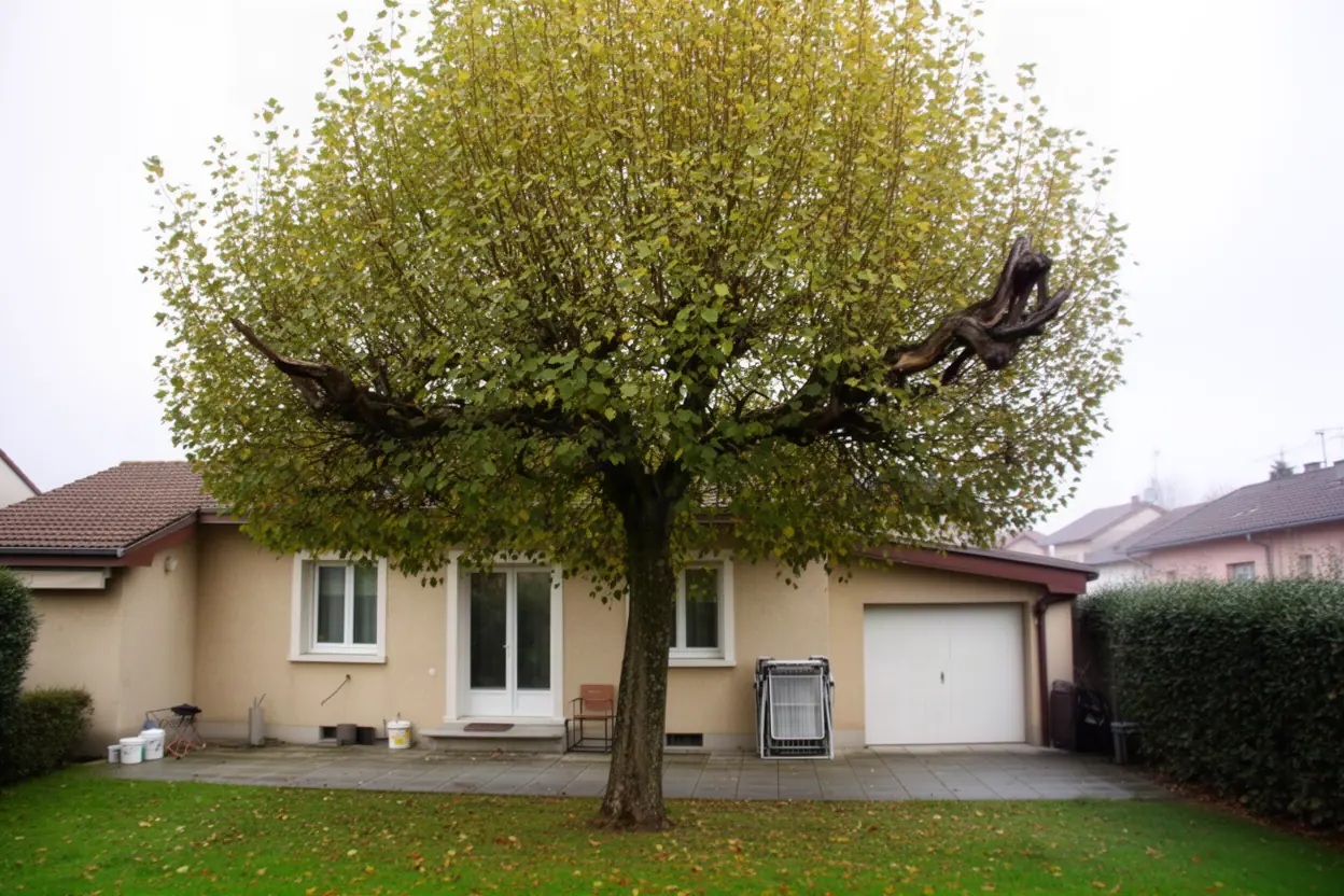 Tilleul dense avant élagage au-dessus d'une terrasse à Saint-Vit