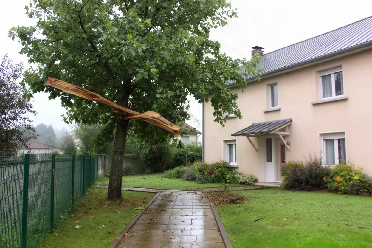 Branche fendue suspendue après tempête à Chalezeule