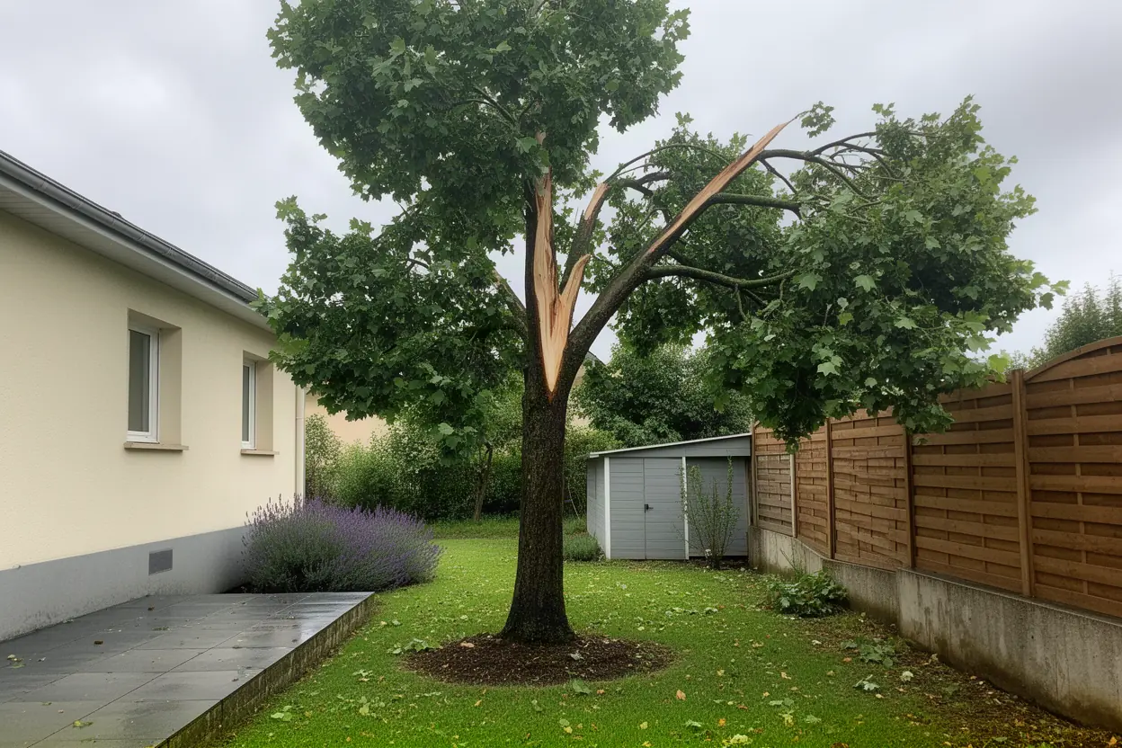 Cime d'arbre fendue au-dessus d'une clôture à Pirey
