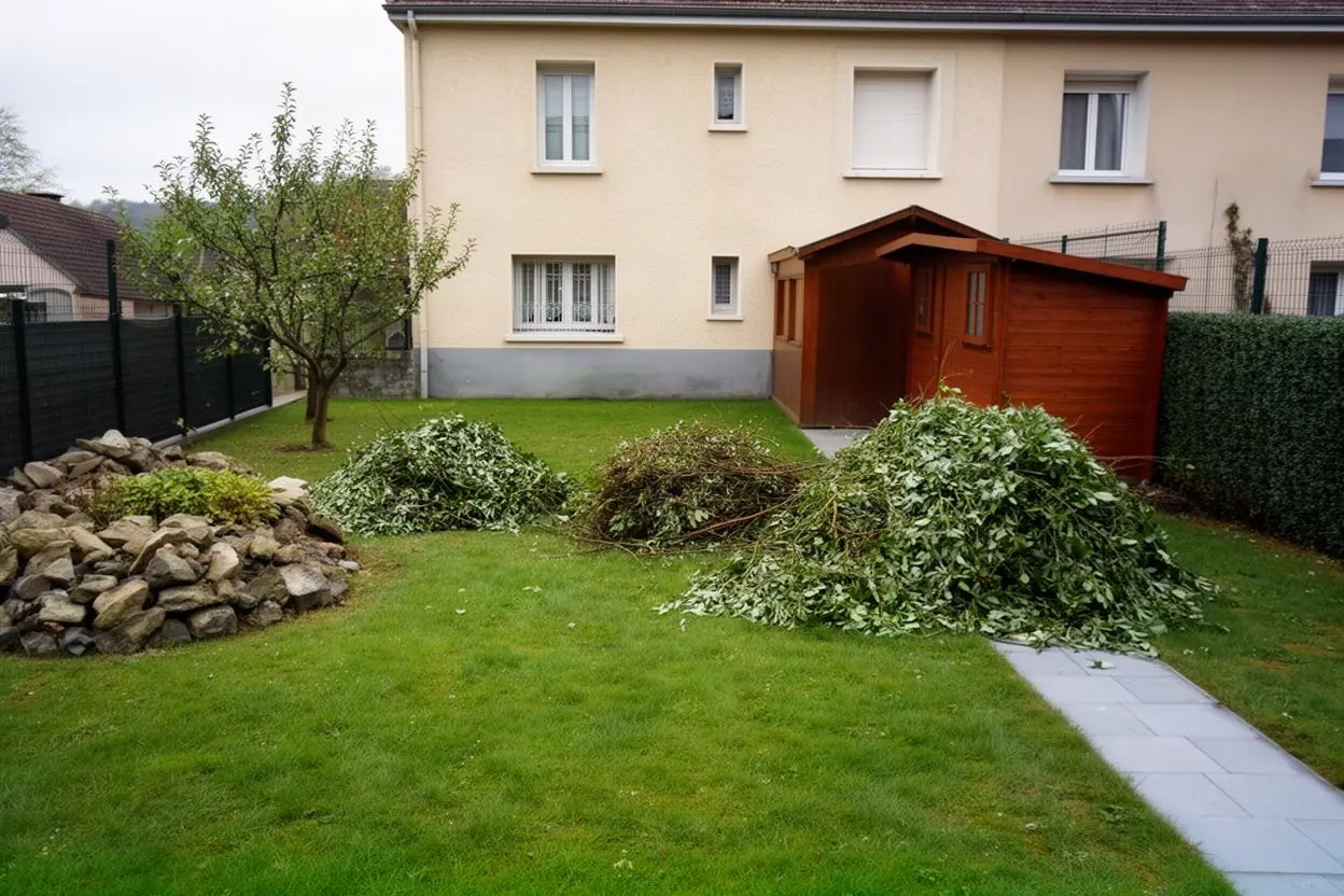 Tas de branches encombrant un jardin avant ramassage à Saône